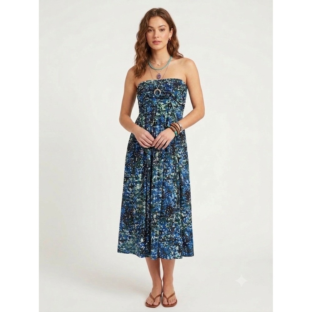 Samantha Sung Dress Size 6 Strapless Midi Blue Abstract Floral Ruched Boho Flowy